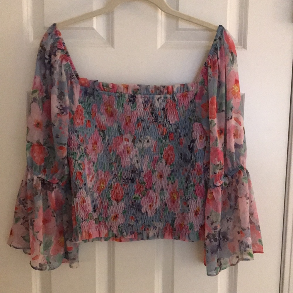 Lost + Wander Blue Pink Ruched Gathered Floral Flowers Crop Top Sheer Be…